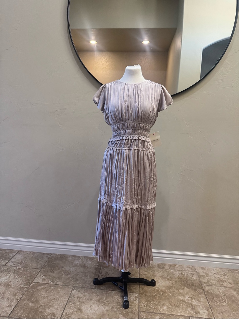 Babaton Taupe Pleated Smocked-Waist Blouse
